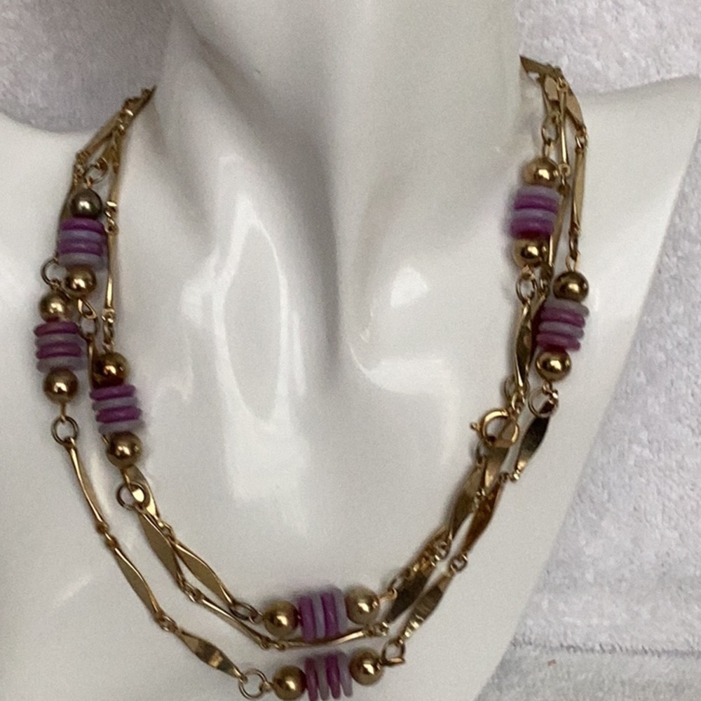 Art Deco Shades of Purple and GoldTone beads necklace. Vintage 48 inches long